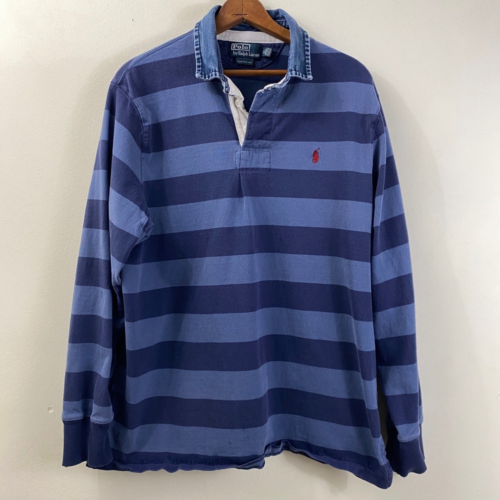 Vintage Polo Ralph Lauren Rugby Striped Denim Collar Y2K Preppy Streetwear XL